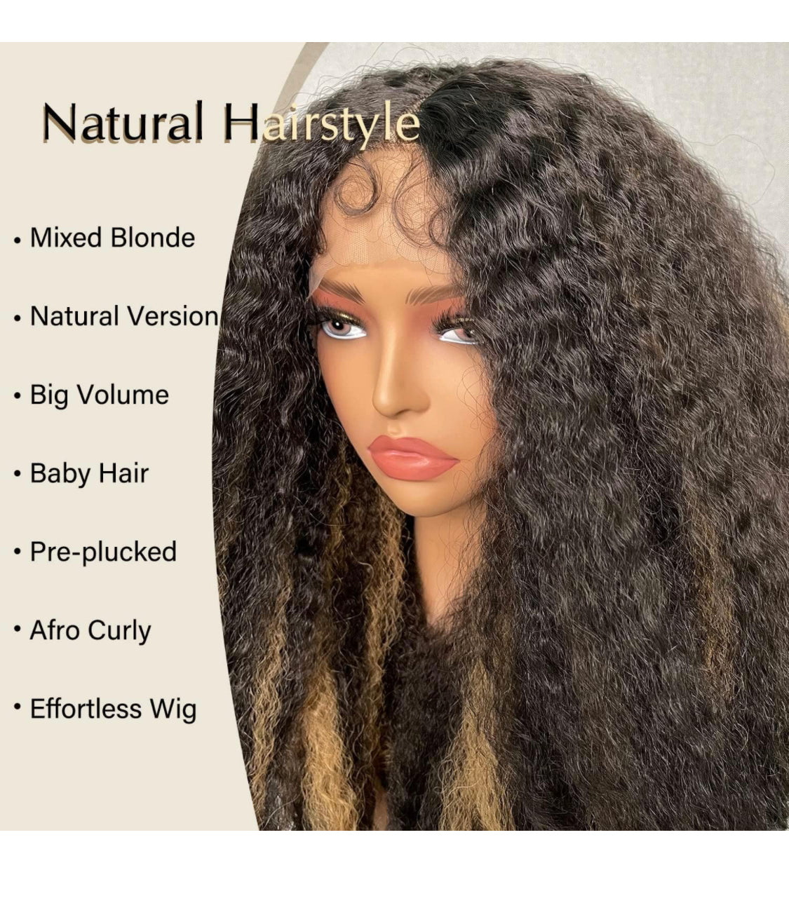 Lushlanes Afro Curly Lace Front Wig, Brown Synthetic Highlights, Kinky Straight with Curly Ends, Crimp to Curl T Part, Transparent Lace Front Wig for Black Women