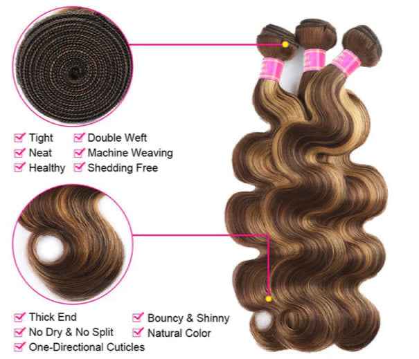 Lushlanes Highlight P4/27 Body Wave 4 Bundles With 13×4 Transparent Lace Frontal Pre-Colored