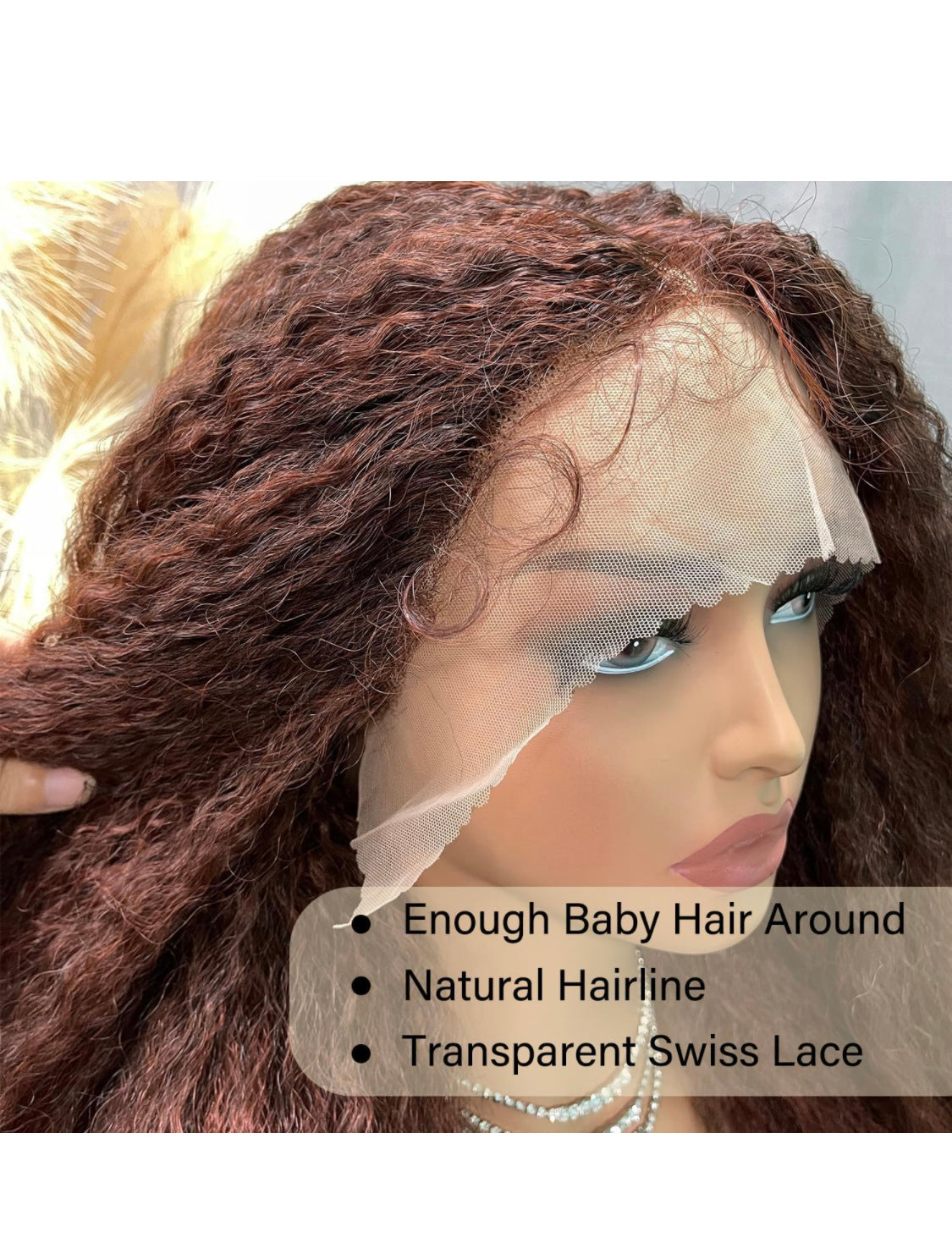 Lushlanes Synthetic Lace Afro Curly with Copper Red T-Part Crimp to Curl, Kinky Straight with Curly Ends, Pre Plucked with Baby Hair, Sheer Swiss Lace, Yaki Texture, Ginger for Women