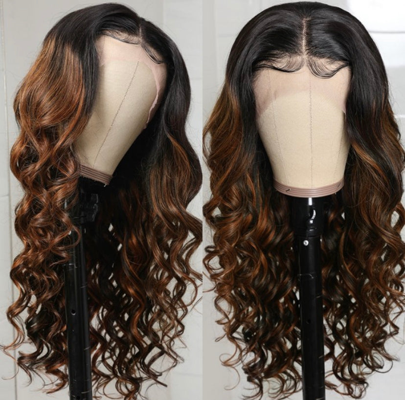 Lushlanes Balayage Highlights Transparent Lace Front Wigs BodyWave Human Hair Wigs 150% Density