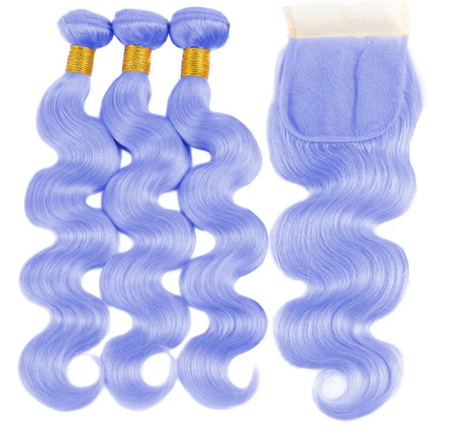 Lushlanes Light Violet Blue Body 3 Bundles With 4X4 Lace Closure Brazilian Human Hair