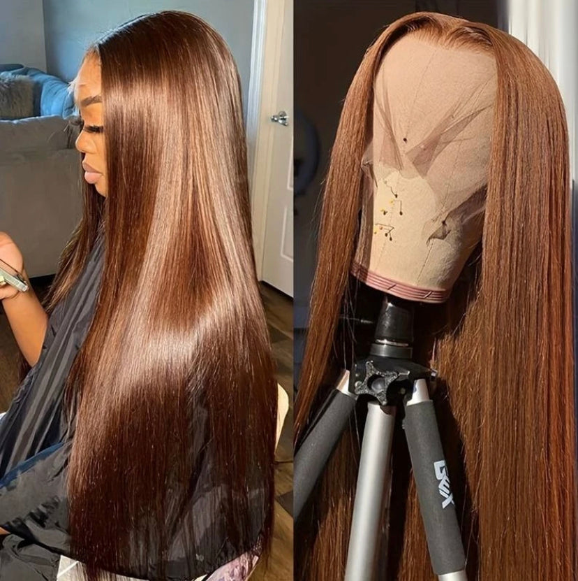 Lushlanes Perruque de cheveux humains vierges marron chocolat
Perruques de cheveux humains bruns perruque avant en dentelle droite