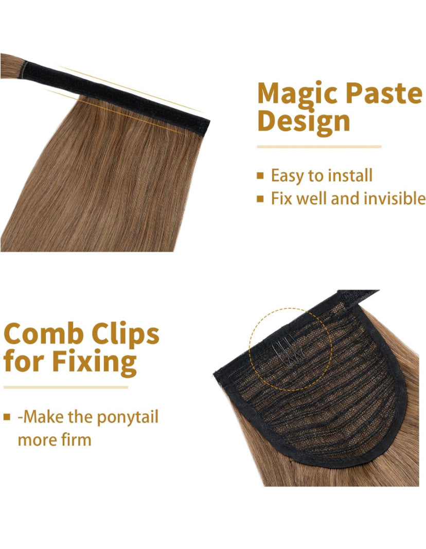 Lushlanes Ponytail Extension Human Hair 100% Real Human Hair Clip In Wrap Around Long Straight Ponytail With Magic Paste Pony Hairpieces for Women