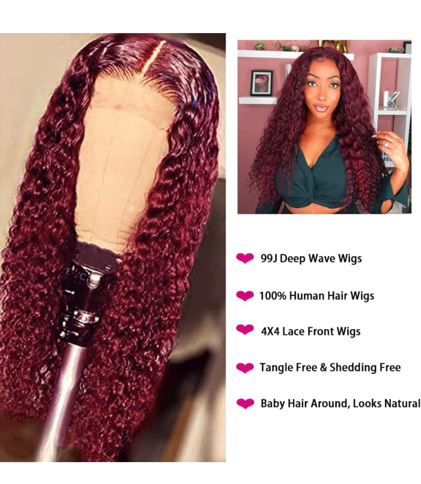 Lushlanes 99J Wig 4×4 Lace Closure WigsBurgundy Deep Wave Lace Front Wigs BrazilianHuman Hair Deep Curly Wigs for Black Women 180%