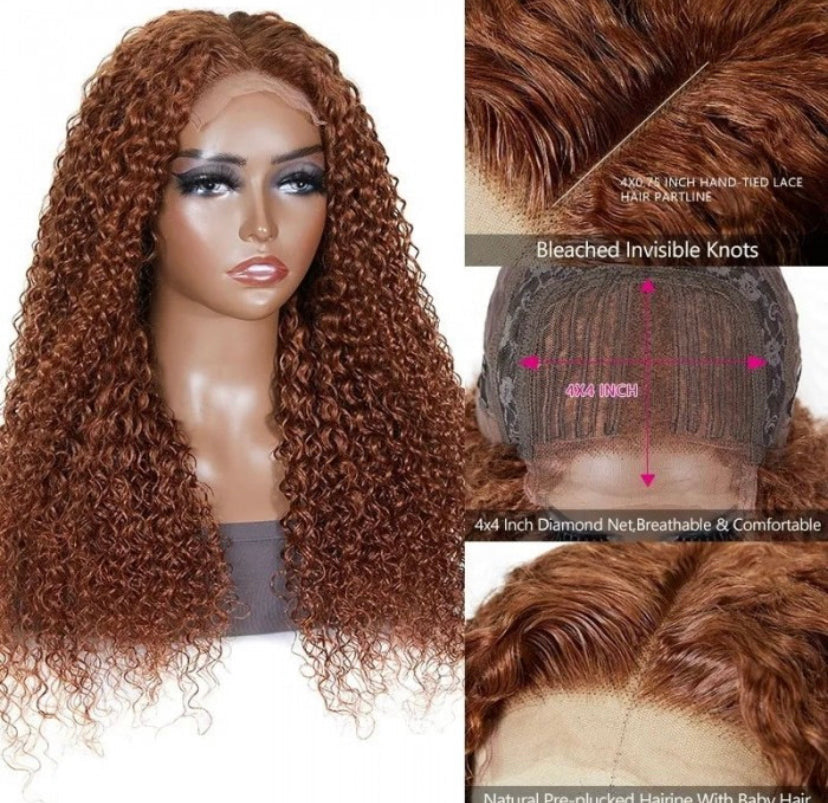Lushlanes Medium Auburn Jerry Curly Human Hair Glueless Lace Wig 150%