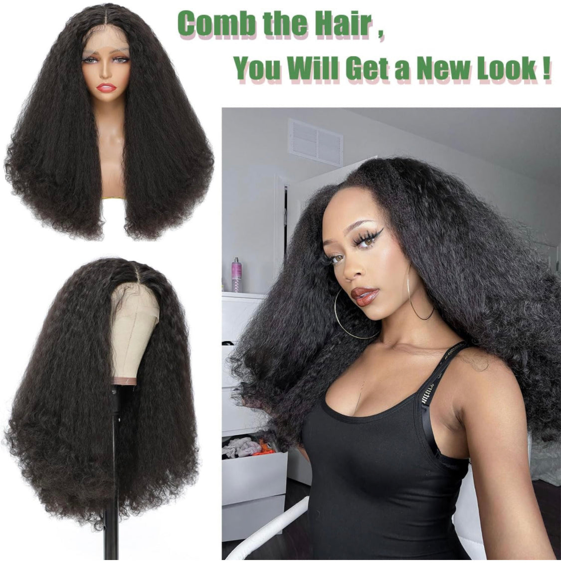 Lushlanes Afro Curly Synthetic Lace Front Wig Kinky Straight with Curly Ends, HD T Part, Transparent Swiss Lace, Bouncy Hair, Dark Brown, Heat Friendly Afro Wigs for Black Women