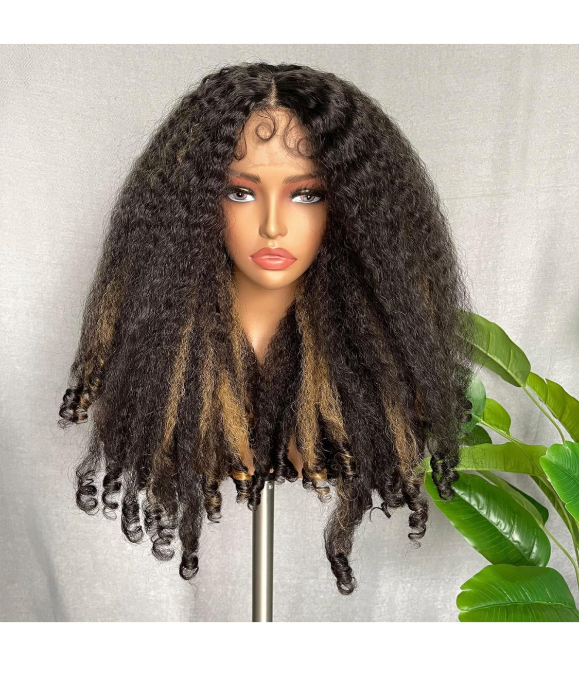 Lushlanes Afro Curly Lace Front Wig, Brown Synthetic Highlights, Kinky Straight with Curly Ends, Crimp to Curl T Part, Transparent Lace Front Wig for Black Women