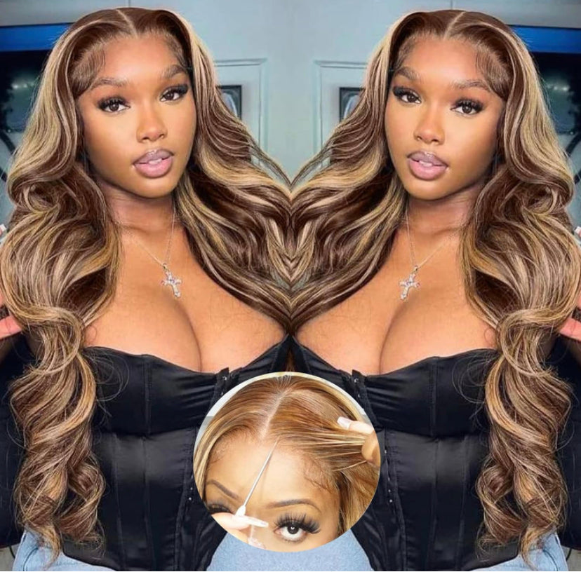 Lushlanes Glueless Wigs Human Hair 5×5 HD Lace Closure, Body Wave Ombre Highlight Honey Blonde 180%