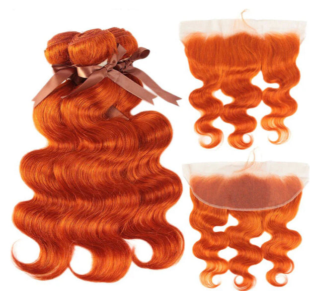 Lushlanes #350 Orange Color Body Wave 3 Bundles With 13X4 Lace Frontal Human Hair