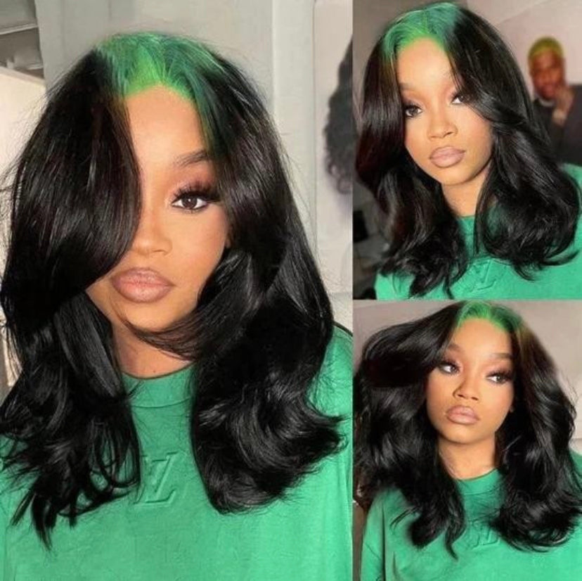 Lushlanes 13×4 Lace Front Neon Green Roots Black Hair Loose