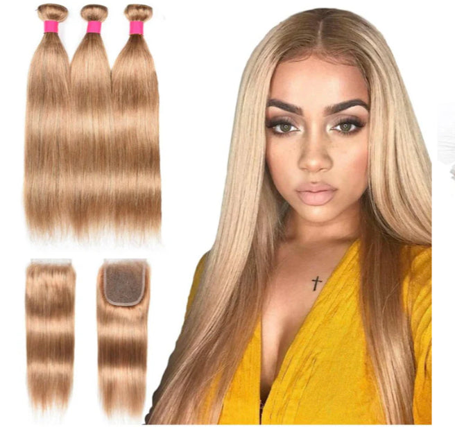 Lushlanes #27 light Brown Straight Hair 3 Bundles With Closure 4x4 pre Colored 100% virgin human hair