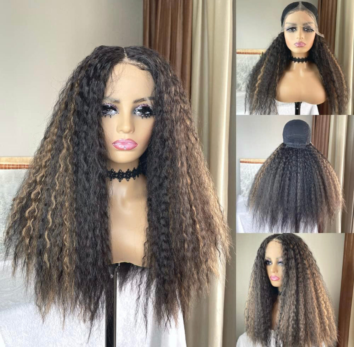 Lushlanes Straight Lace Front Wig 13x4x1 Middle Part Dark Brown Frontal Wig with Highlights F2/30 HD Kinky Straight Synthetic Wig with Pre Plucked Hairline Afro Wigs for Black Women