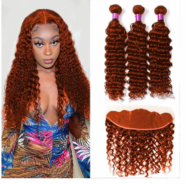 Lushlanes #350 Ginger Orange Deep Wave 3 Bundles With 13×4 HD Lace Frontal Human Hair