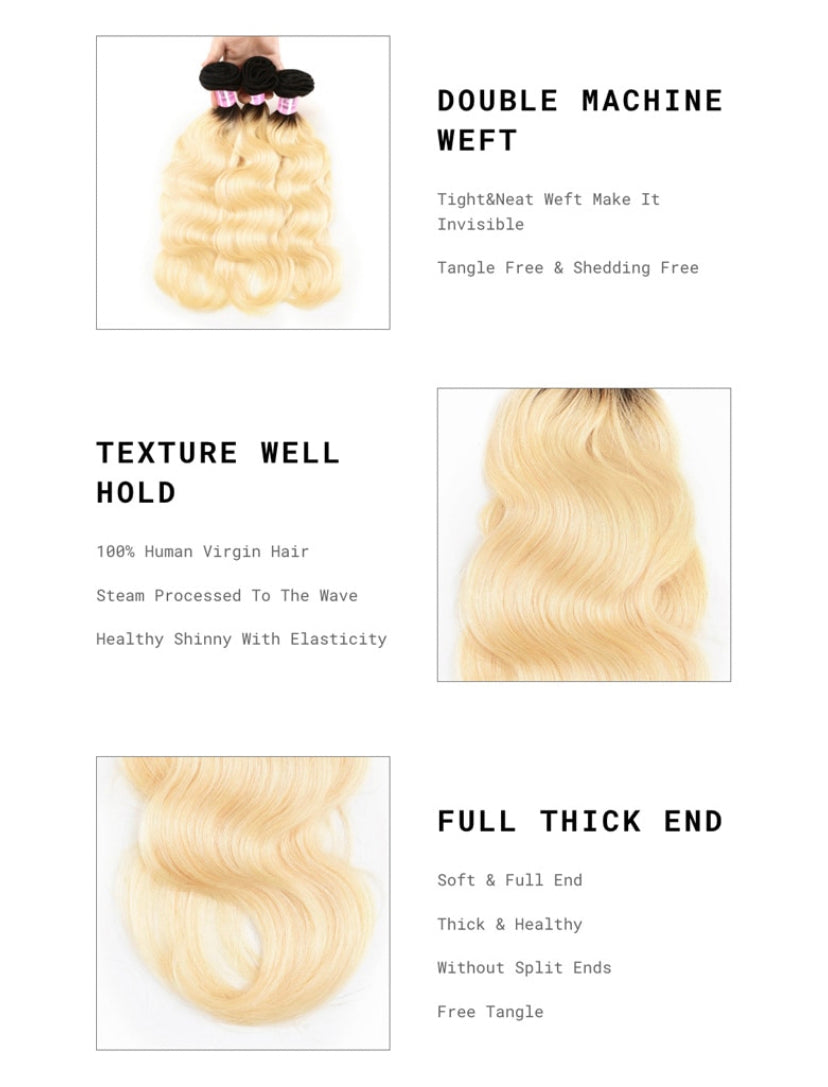 Lushlanes 1B/613 Ombre Hair Weave 3 Pcs Body Wave Virgin Human Hair