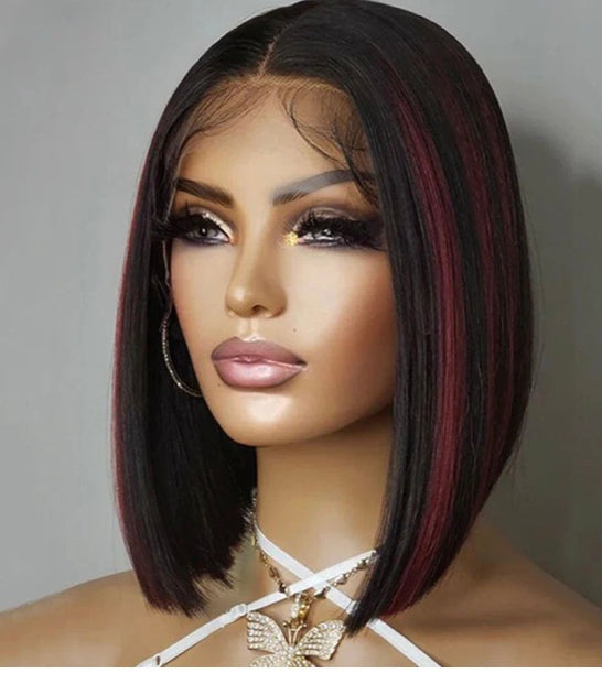 Lushlanes Highlight Red 13x4 Lace Front Straight Bob Wig Human Hair Tarnsparent Lace Frontal Wigs For Black Women