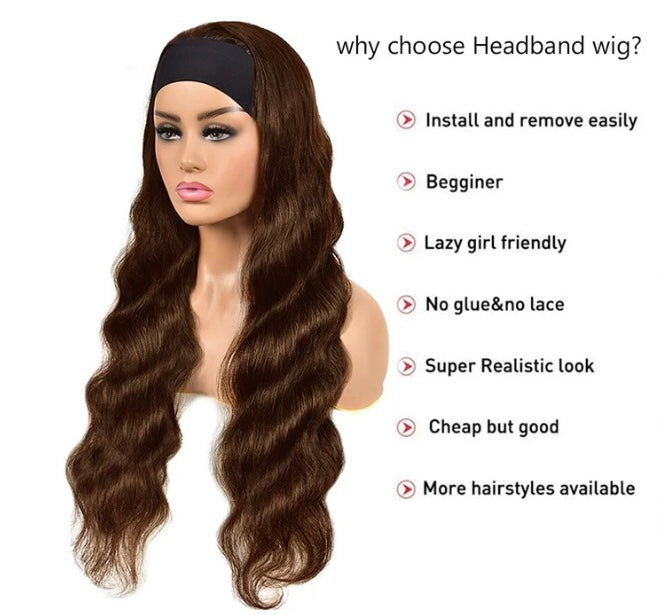 Lushlanes Color #4 Brown Body Wave Headband Human Hair Wigs For Black Woman No-Lace