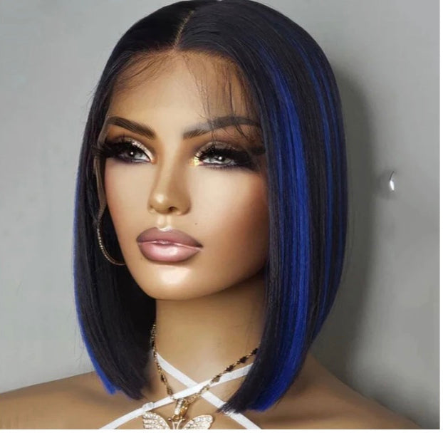 Lushlanes Highlight Blue 13x4 Lace Front Straight Bob Wig Humain Hair Transparent Lace Frontal Wigs For Black Women