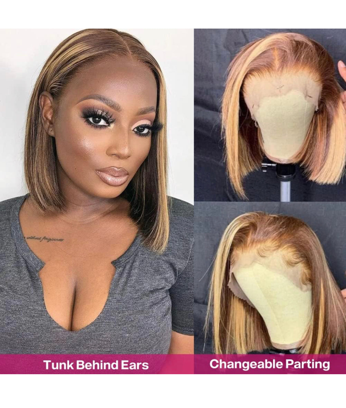 Lushlanes 12 inch Highlight Honey Blonde Lace Front Wig Human Hair Ombre HD Lace Frontal Bob Wigs Human Hair Glueless Ombre Brown Wig Highlight Bob Wig 150%