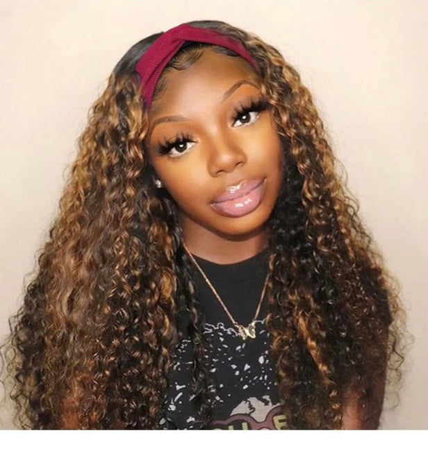 Lushlanes Honey Blonde Highlight Color Kinky Curly Headband Wig Human Hair Wigs
