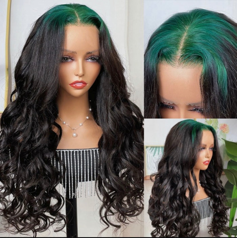 Lushlanes 13×4 Lace Front Neon Green Roots Black Hair Loose