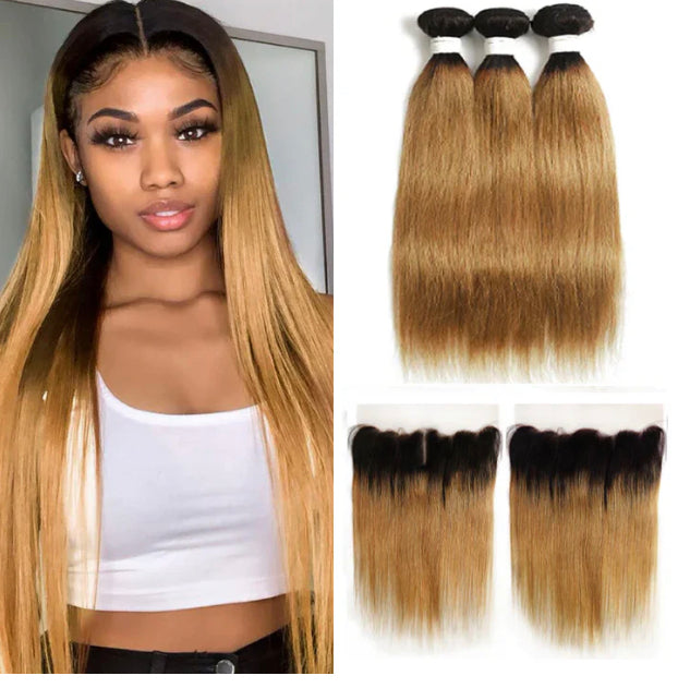 Lushlanes 1B/27 Ombre Straight Hair 3 Bundles With 13x4 Lace Frontal Pre Colored