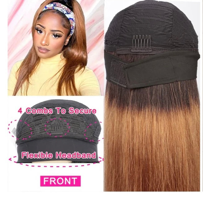 Lushlanes Straight No Lace Ombre Human Hair Headbands Wigs Full Machine Head Wig