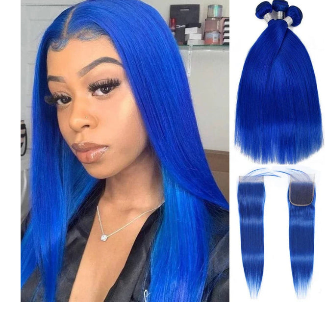 Lushlanes couleur bleue droite 3 paquets avec 4x4 HD fermeture à lacets Extensions de cheveux humains