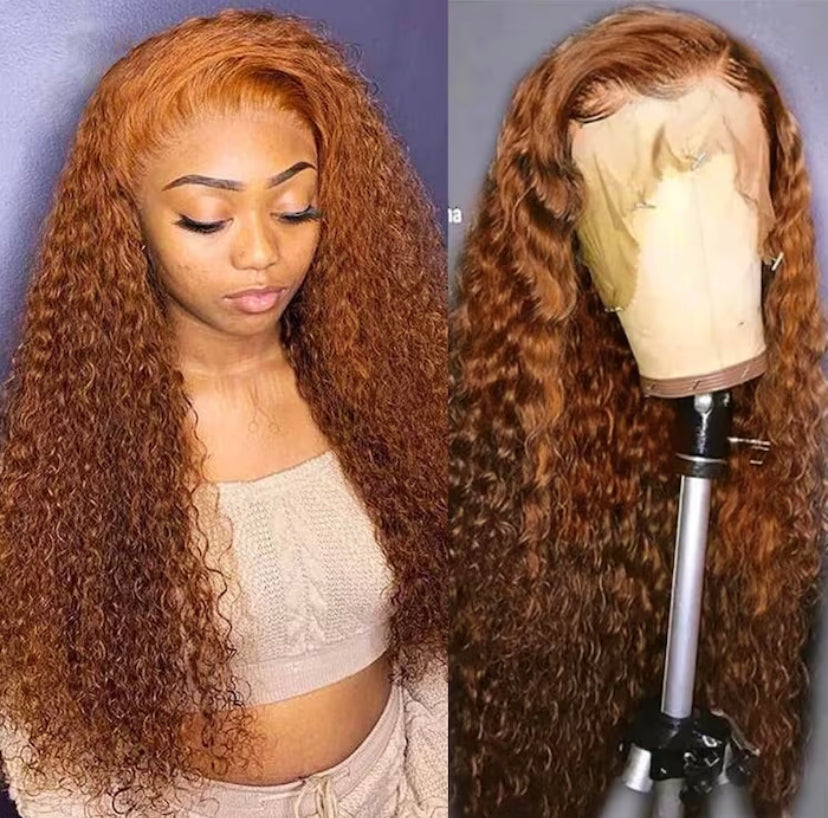 Lushlanes Medium Auburn Jerry Curly Human Hair Glueless Lace Wig 150%