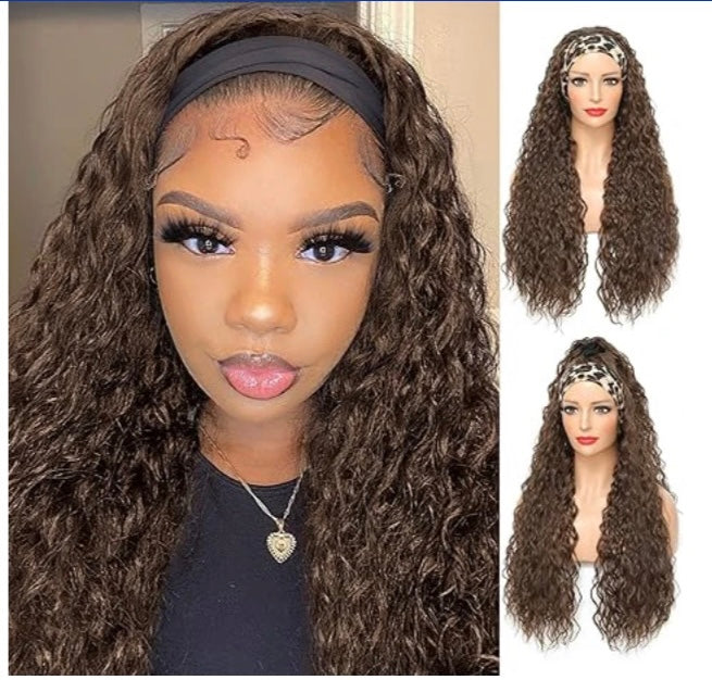 Lushlanes Chocolate Brown Water Wave Headband Wig for Black Women None Lace