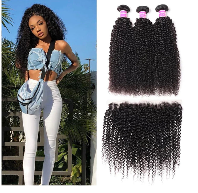Lushlanes Malaysian Kinky Curly 3 Bundles with 13*4 Lace Frontal Virgin human Hair