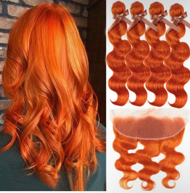 Lushlanes #350 Ginger Colored Body Wave 4 Bundles With 13×4 Lace Frontal