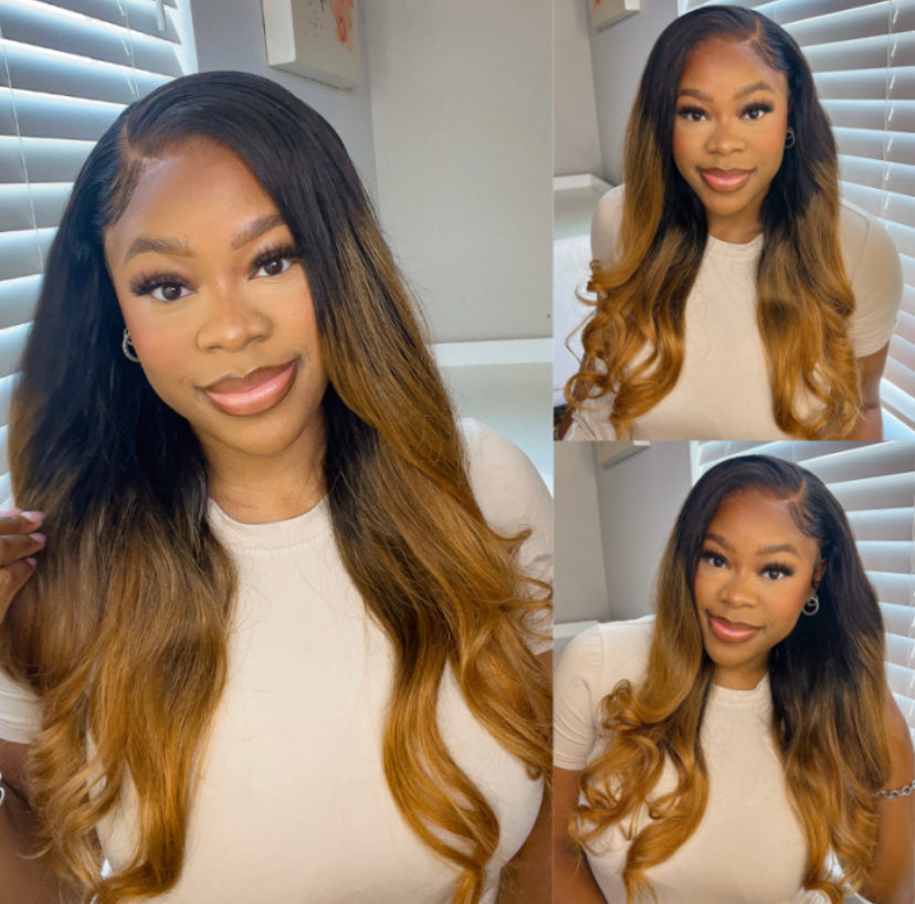 Lushlanes 13 × 4 Lace Front Toasted Caramel Ombre Body Wave Perruque
Aux racines sombres