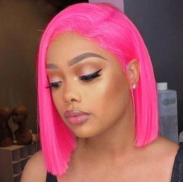Lushlanes Hot Dark Pink Straight Short Bob Lace Front Wig Human Hair Transparent Lace