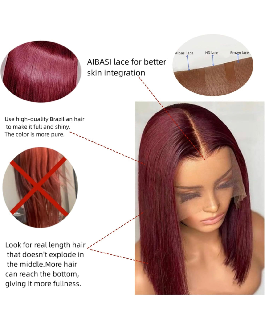 Lushlanes Short Straight Burgundy Human Hair Wigs 99j 13×4 Lace Front Wigs for Women, Light Bleached Knot, 180% Density, Human Hair Burgundy 99j