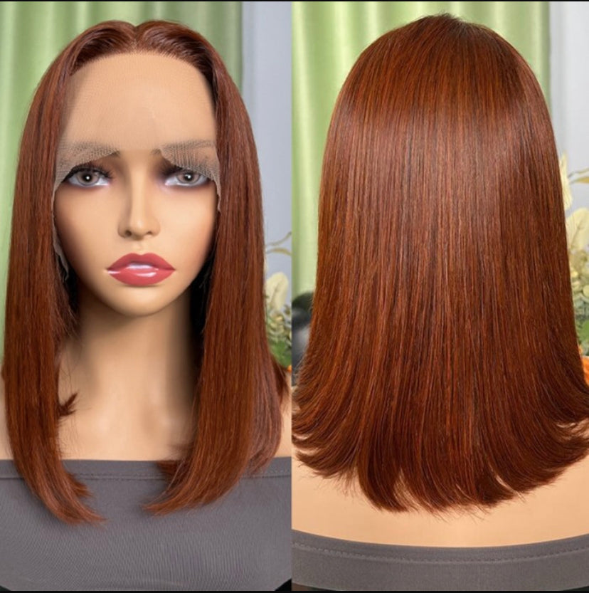 Lushlanes cheveux foncé cuivre rouge droit Bob perruque dentelle perruques 5x5 pour pour les femmes 150% densité