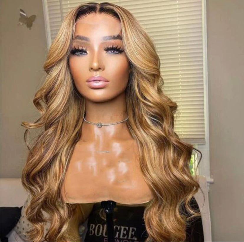 Lushlanes Ombre Brown Hair Honey Blonde Lace Front Wigs For Black Women Body Wave Virgin Human Hair Highlight Lace Frontal Wigs 180% Density