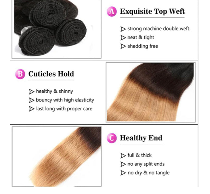 Lushlanes 1B/4/27 Ombre Straight 3 Bundle With 13X4 Lace Frontal 100% Human Hair In Extensions