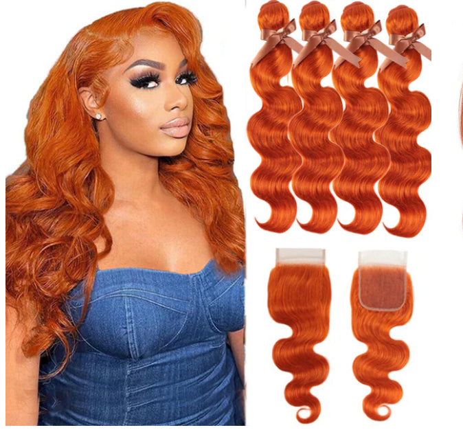 Lushlanes Ginger Orange #350 Body Wave 4
Bundles With 4X4 Lace Closure Brazilian 100% Human Hair