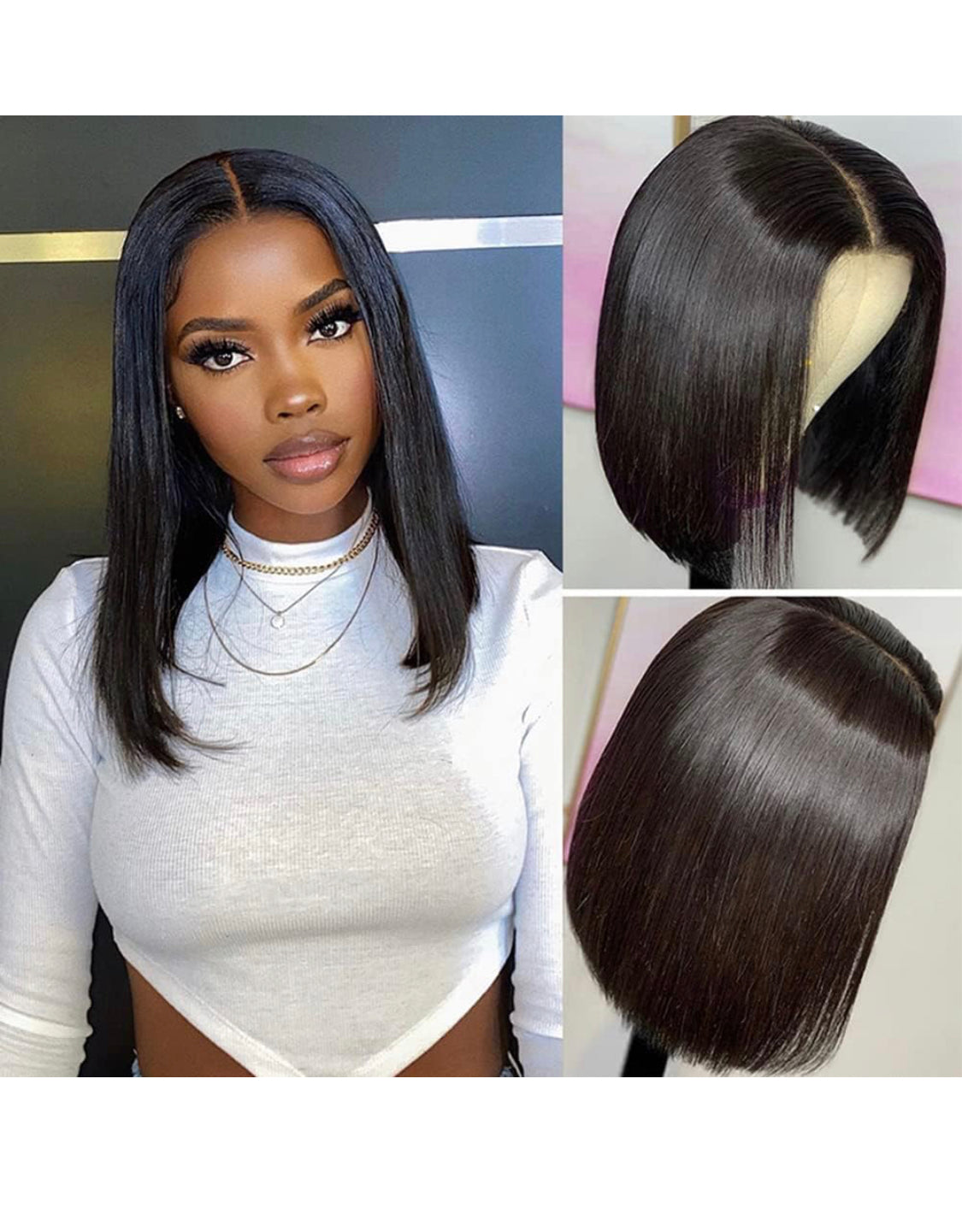 Lushlanes Wear and Go Glueless Wigs for Beginners, Lace Front Wigs for Black Women, Short Straight Human Hair, 150%