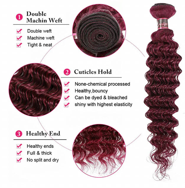 Lushlanes Red Bundles #99; Deep Wave 3 Bundles With 13x4 HD Lace Frontal Human Hair