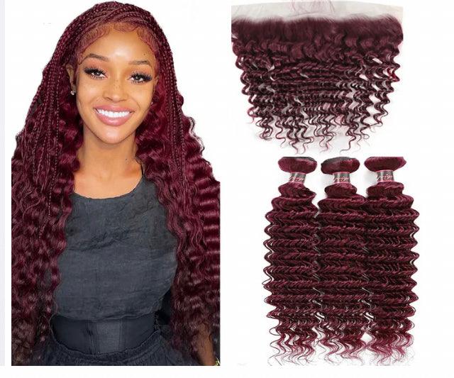 Lushlanes Red Bundles #99; Deep Wave 3 Bundles With 13x4 HD Lace Frontal Human Hair