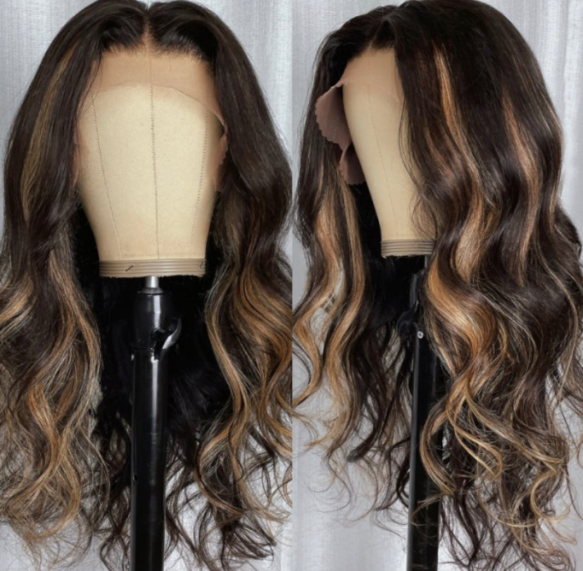 Lushlanes 13x4 Transparent Lace Front Peek A Boo Blonde HighlightsBody Wave Black Wig 150%