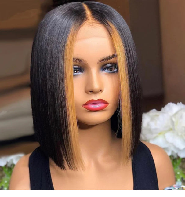 Lushlanes Honey Blonde Highlights Straight Short Bob 13×4 Lace Front Wig Natural Hairline