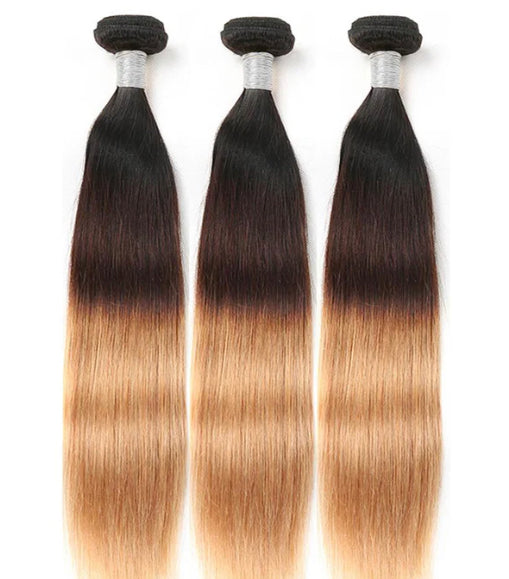 Lushlanes 1B/4/27 Ombre Straight 3 Bundle With 13X4 Lace Frontal 100% Human Hair In Extensions