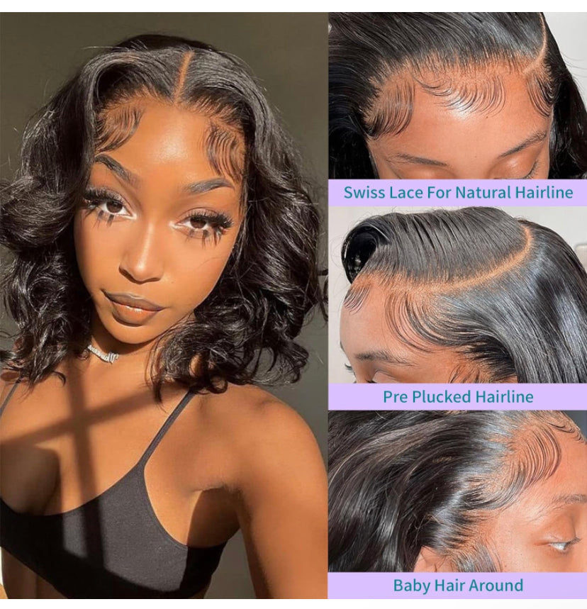Lushlanes 13x4 Body Wave HD Lace Front Wigs Human Hair Glueless Wigs Human Hair Short Bob Wigs for Black Women Human Hair Natural Black Color