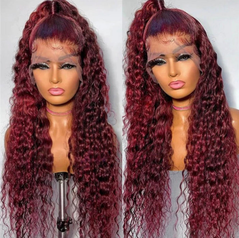 Lushlanes Red Wine Colored 99J Lace Wigs Jerry Curly Wig 150% 13×4 Lace