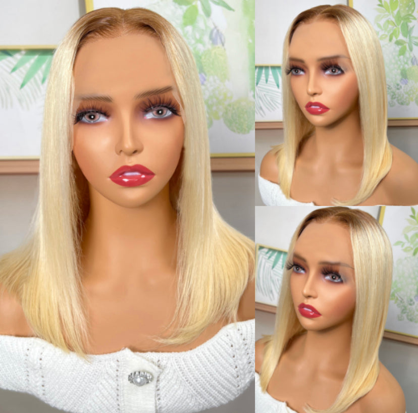 Lushlanes 613 Blonde With Brown Roots 13×4 Lace Front Straight bob Wig 150% Density