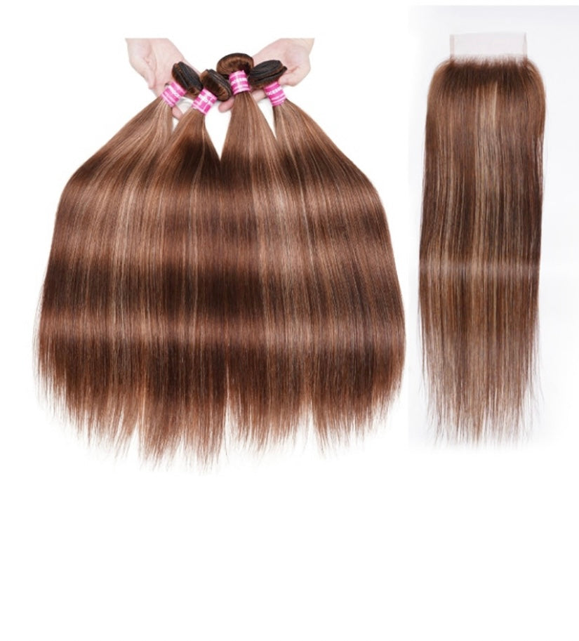Lushlanes Honey Blonde Piano Highlighted Straight 4Pcs Bundles With Closure
