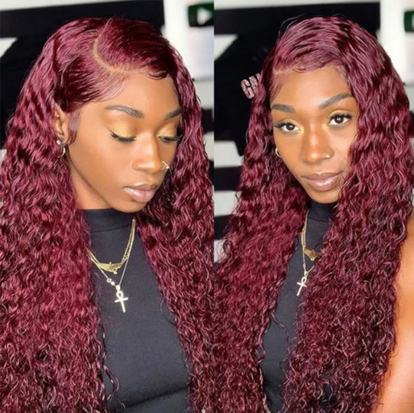 Lushlanes Red Wine Colored 99J Lace Wigs Jerry Curly Wig 150% 13×4 Lace