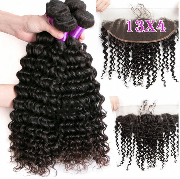 Lushlanes Deep Wave 100% Human Hair 4 Bundles With Frontal Brazilian Hair Weave 13x4 Transparent Lace